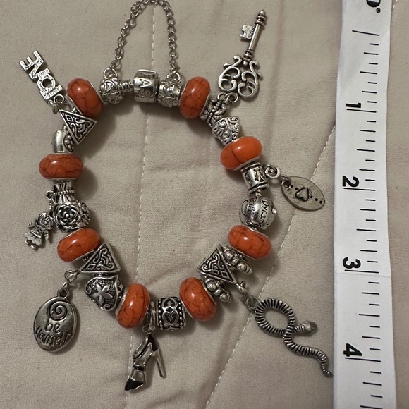 Handmade – NWOT – 925 SS plated charm bracelet. Orange beads. Relationship Charm - Picture 2 of 16
